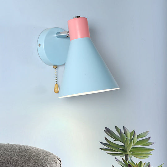 Blue Metal Wide Flare Sconce: Contemporary Wall Mount Light With Pull Chain