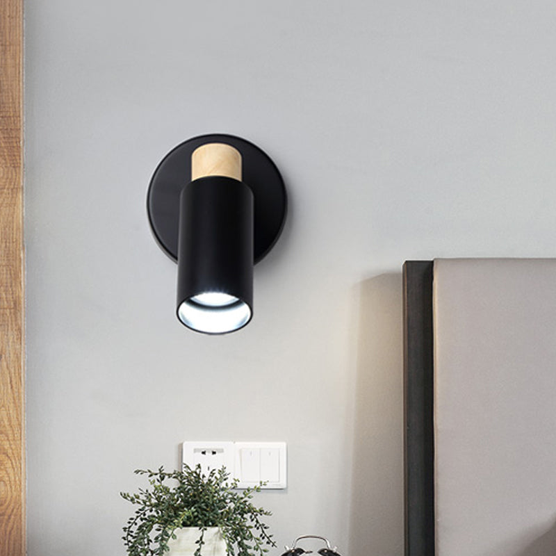 Modern Metal Tubular Wall Sconce With Wood Cap - Black 1 Head Light