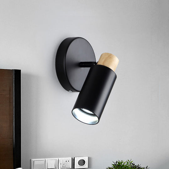 Modern Metal Tubular Wall Sconce With Wood Cap - Black 1 Head Light