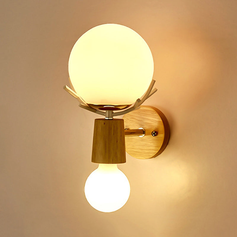 Modernist Wood Sconce With White Glass Shade - 2 Head Bedside Wall Lighting Fixture