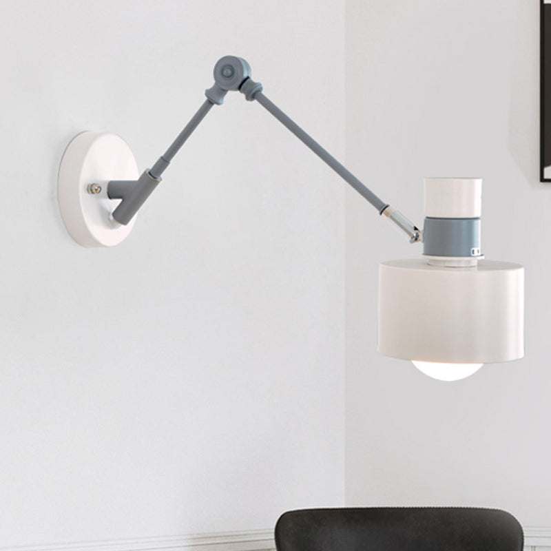 Modern Grey Metal Wall Sconce Light With Adjustable Arm - 1 Bulb Drum Fixture