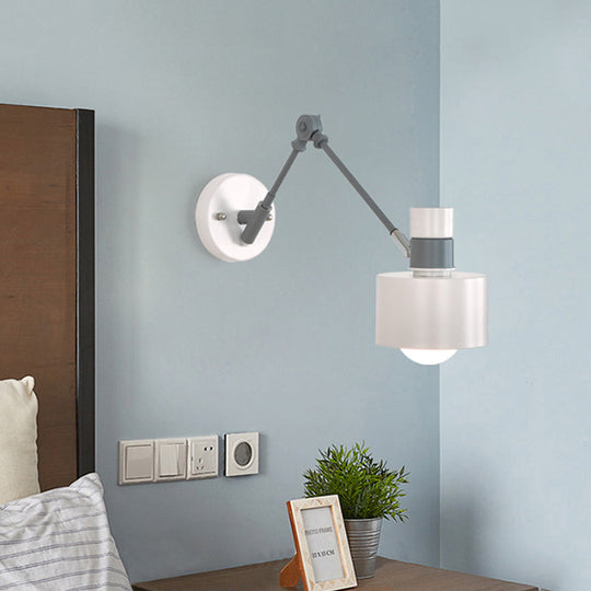 Modern Grey Metal Wall Sconce Light With Adjustable Arm - 1 Bulb Drum Fixture