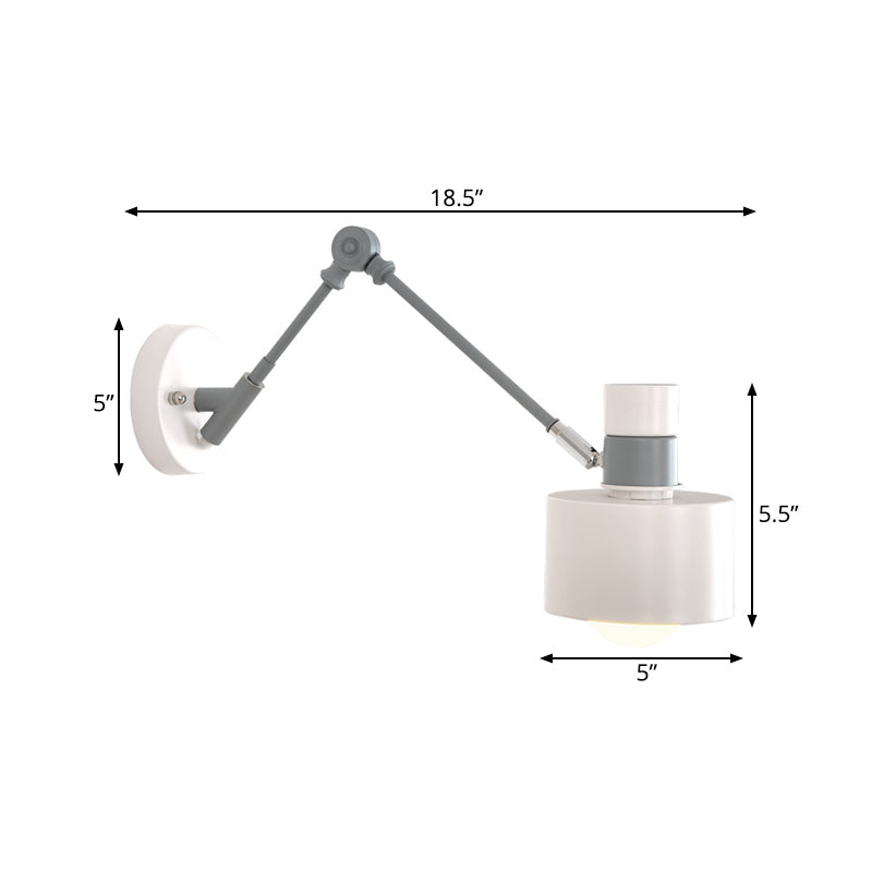 Modern Grey Metal Wall Sconce Light With Adjustable Arm - 1 Bulb Drum Fixture