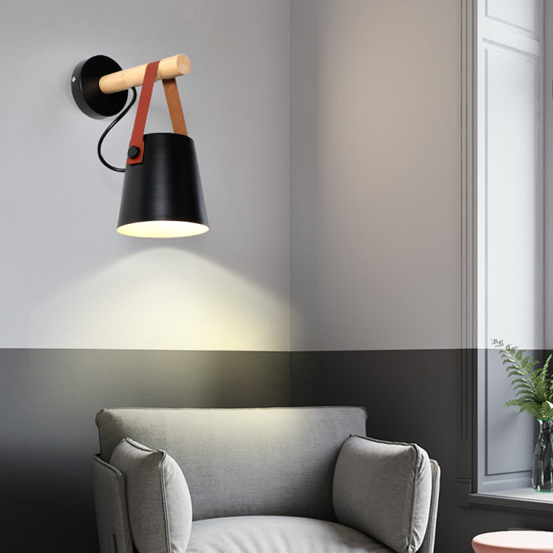 Modern Metal Cone Sconce Light With Wood Arm - White/Black Wall Fixture