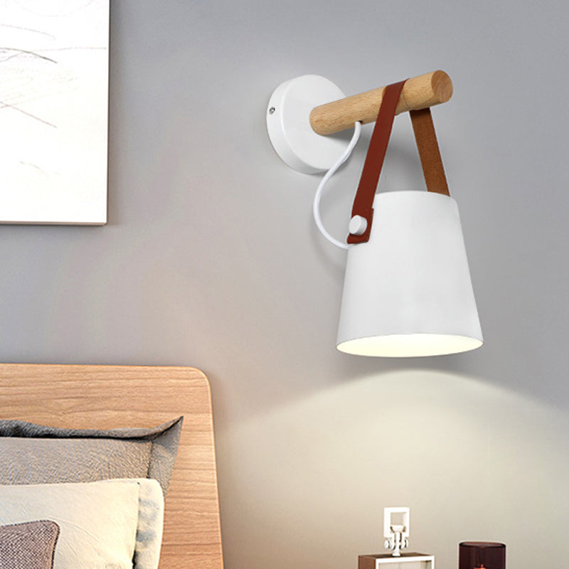 Modern Metal Cone Sconce Light With Wood Arm - White/Black Wall Fixture White