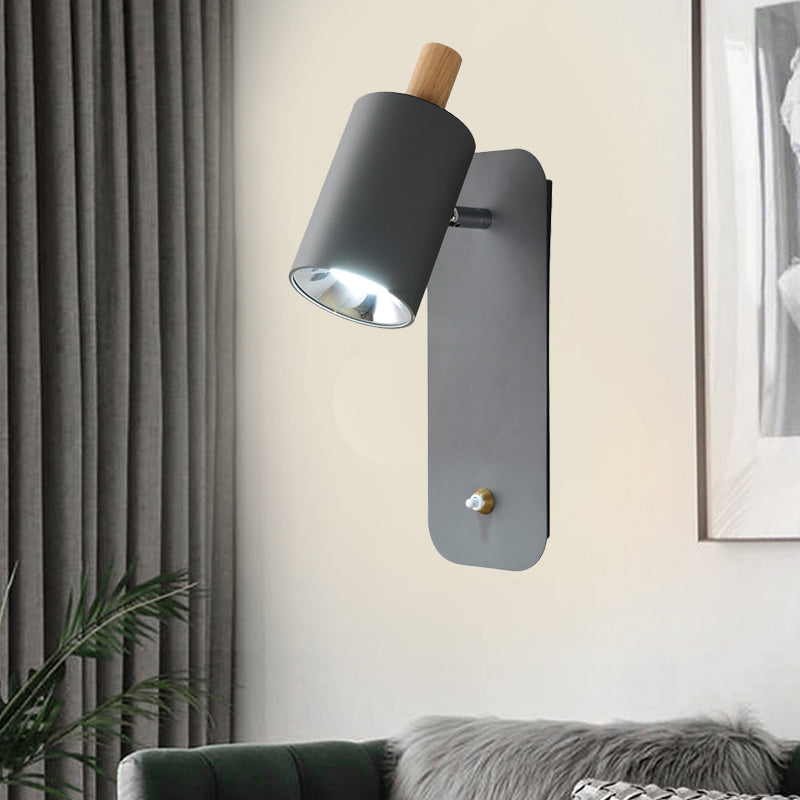 Minimalist Metal Cylinder Wall Sconce With Wood Cap And 1 Light In White/Grey