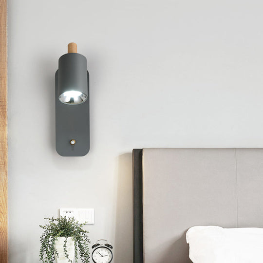 Minimalist Metal Cylinder Wall Sconce With Wood Cap And 1 Light In White/Grey