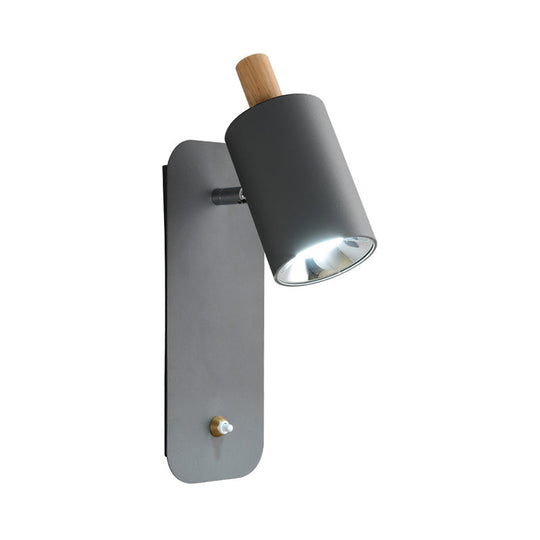 Minimalist Metal Cylinder Wall Sconce With Wood Cap And 1 Light In White/Grey