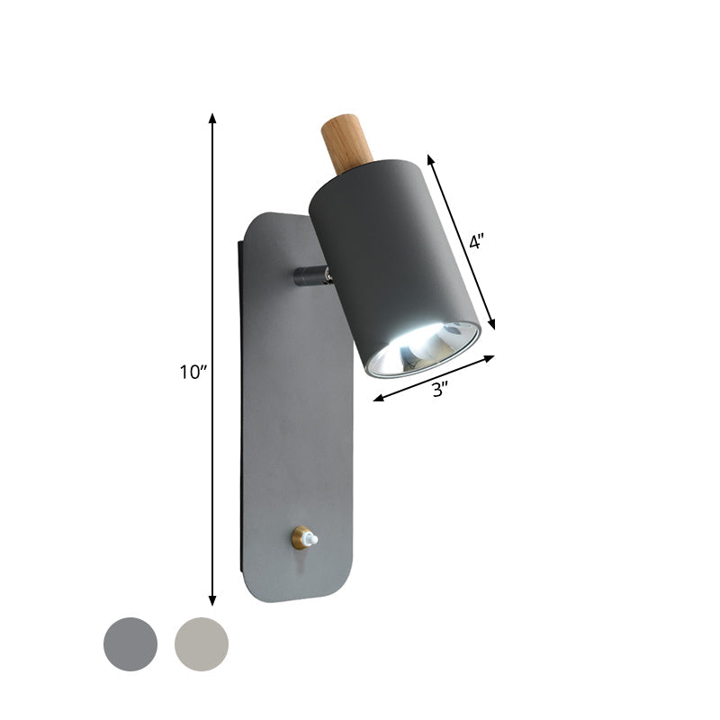 Minimalist Metal Cylinder Wall Sconce With Wood Cap And 1 Light In White/Grey