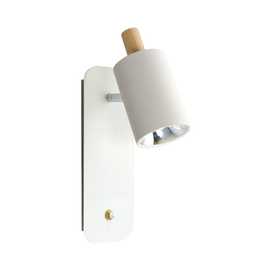 Minimalist Metal Cylinder Wall Sconce With Wood Cap And 1 Light In White/Grey