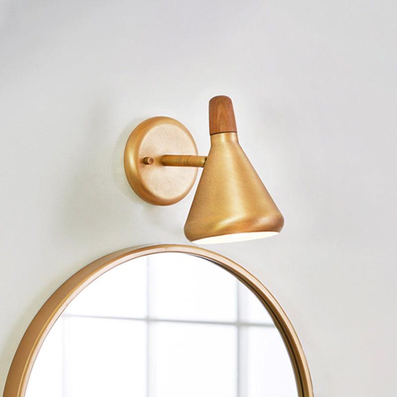 Asian Wooden Cone Wall Sconce With Metal Shade - Bedroom Mount Light Brass