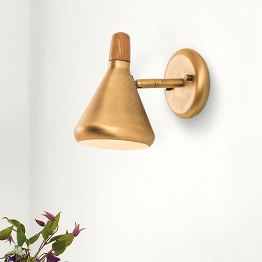 Asian Wooden Cone Wall Sconce With Metal Shade - Bedroom Mount Light