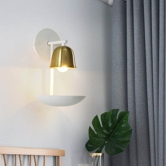 Gold And Black/White Bell Metal Sconce: Contemporary 1-Light Wall Lamp For Bedroom