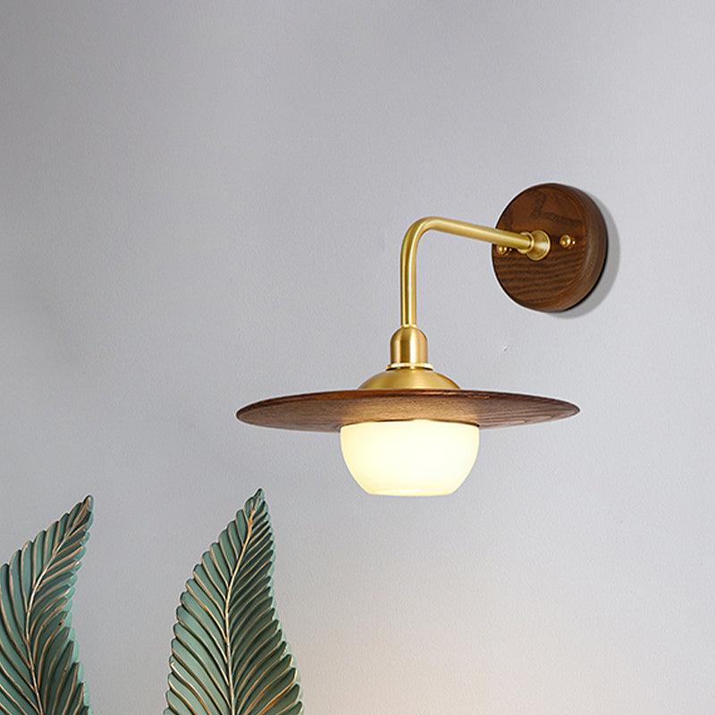 Asian Brass Wall Sconce With Wooden Globe Shade - Bedroom Light Fixture