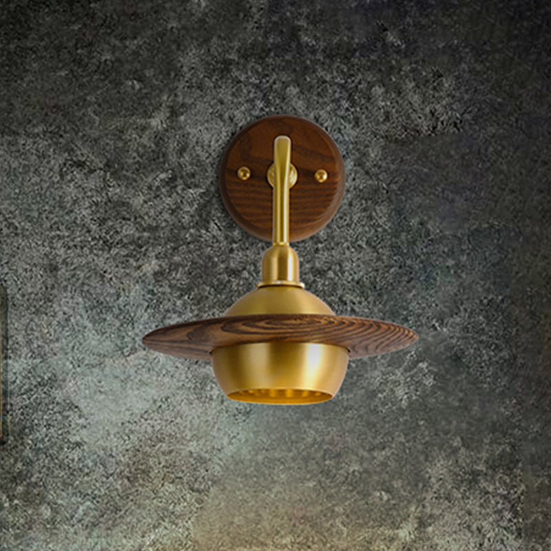 Asian Brass Wall Sconce With Wooden Globe Shade - Bedroom Light Fixture