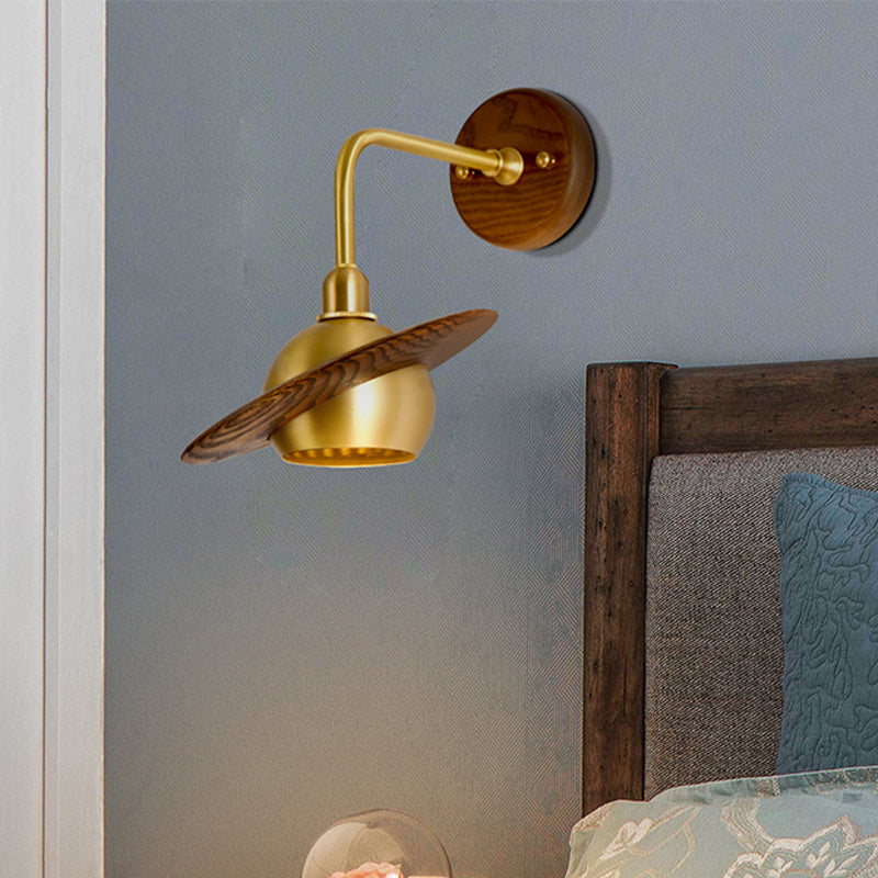 Asian Brass Wall Sconce With Wooden Globe Shade - Bedroom Light Fixture