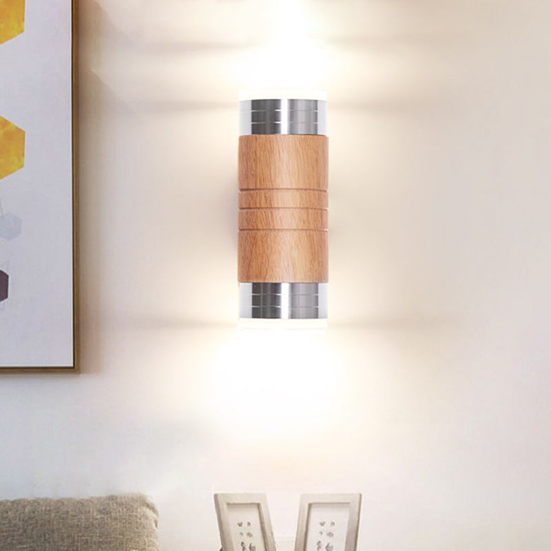 Wooden Cylinder Wall Sconce Light With Chrome Led Bulb For Asian-Inspired Living Rooms