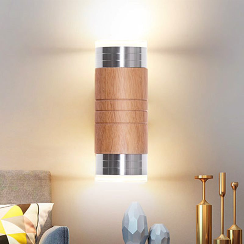 Wooden Cylinder Wall Sconce Light With Chrome Led Bulb For Asian-Inspired Living Rooms