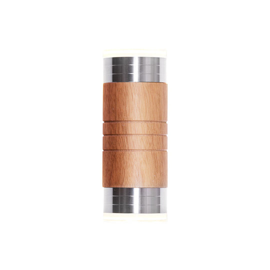 Wooden Cylinder Wall Sconce Light With Chrome Led Bulb For Asian-Inspired Living Rooms