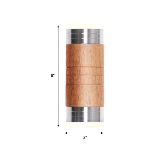 Wooden Cylinder Wall Sconce Light With Chrome Led Bulb For Asian-Inspired Living Rooms