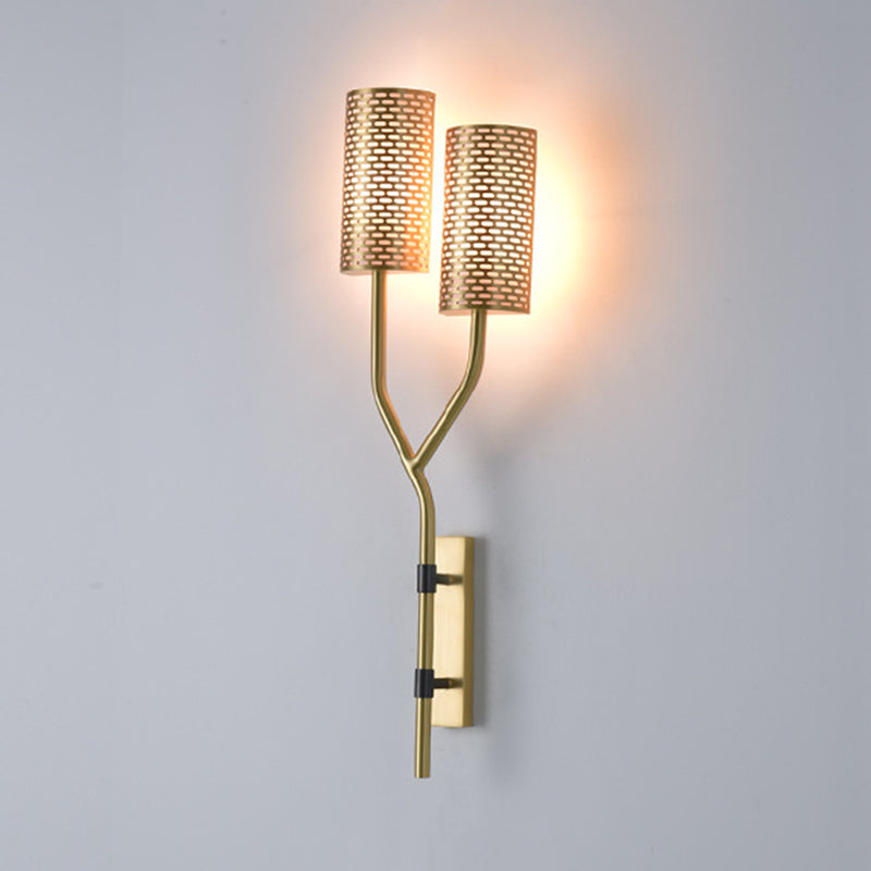 Modern Brass Wall Sconce With Cylindrical Metal Shade For Bedroom