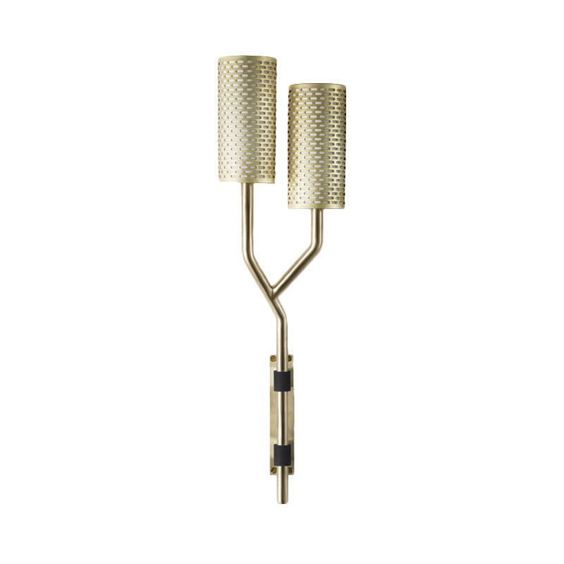 Modern Brass Wall Sconce With Cylindrical Metal Shade For Bedroom