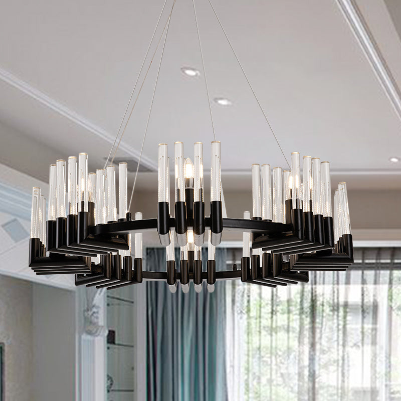 Contemporary Circular Iron Chandelier Lamp with Crystal Tube - 6/8 Lights Ceiling Light Fixture in Black