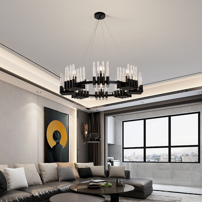 Contemporary Black Iron Chandelier - 6/8 Lights Crystal Tube Ceiling Light Fixture