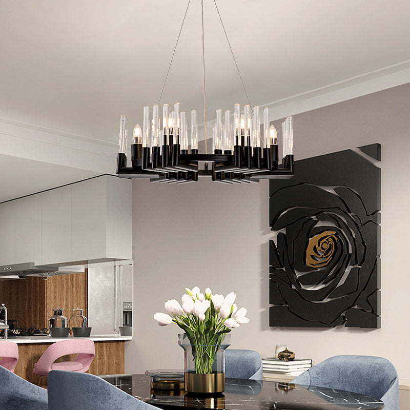 Contemporary Black Iron Chandelier - 6/8 Lights Crystal Tube Ceiling Light Fixture