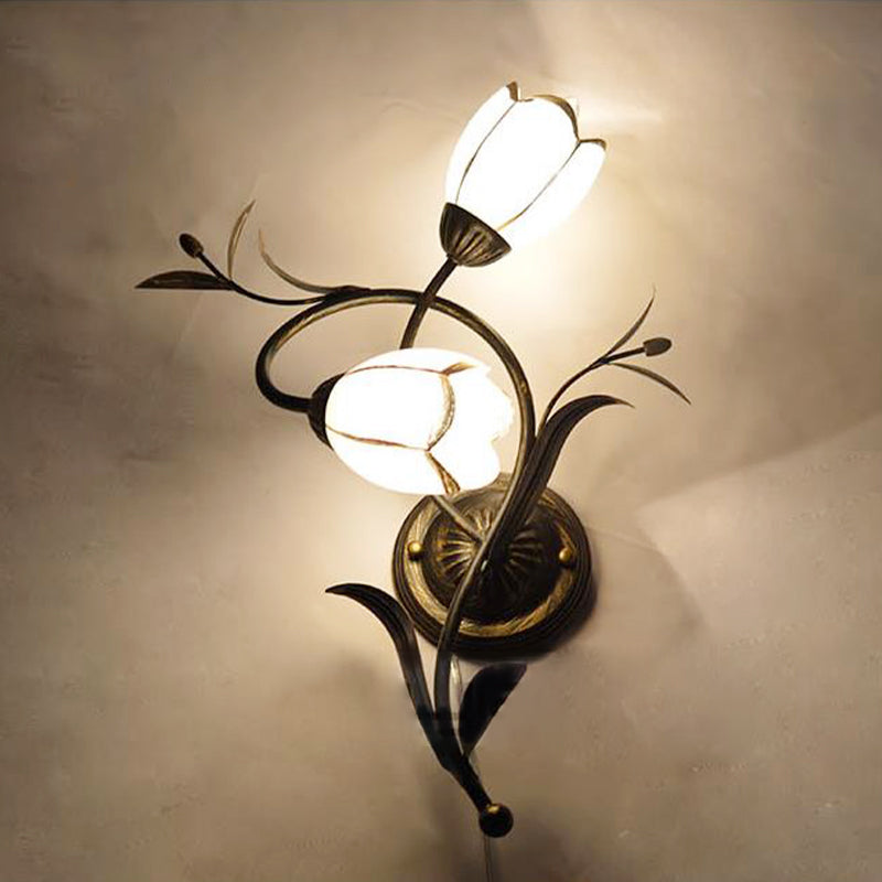 Traditional White Glass Sconce Lamp - 2 Heads Floral Shape Wall Lighting With Metal Backplate /