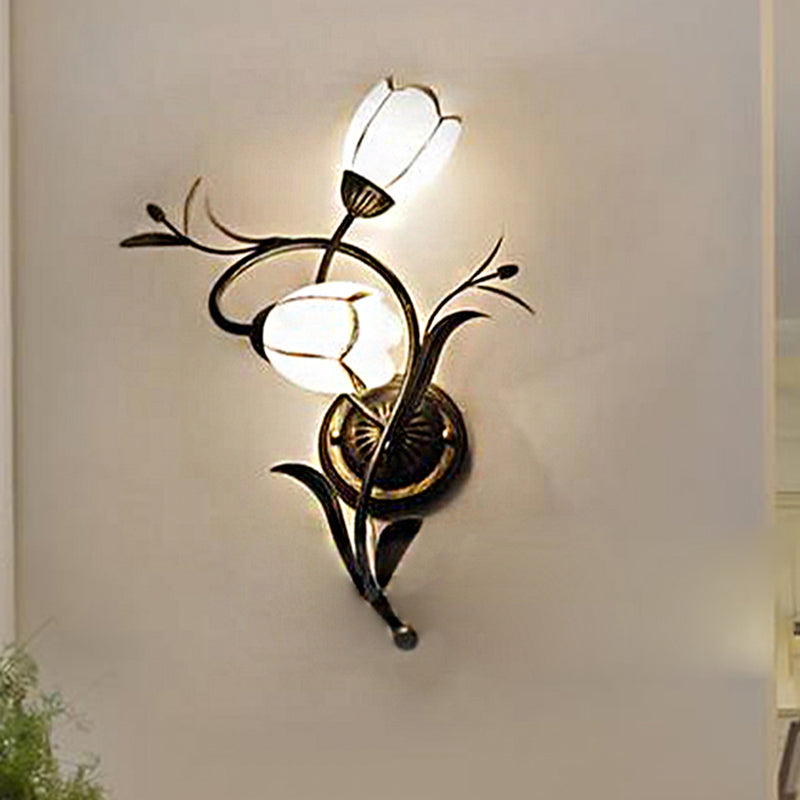 Traditional White Glass Sconce Lamp - 2 Heads Floral Shape Wall Lighting With Metal Backplate