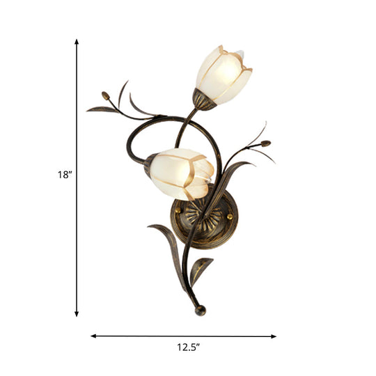 Traditional White Glass Sconce Lamp - 2 Heads Floral Shape Wall Lighting With Metal Backplate