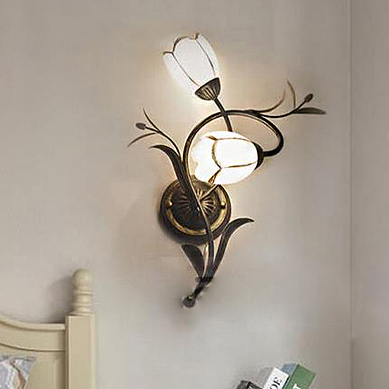 Traditional White Glass Sconce Lamp - 2 Heads Floral Shape Wall Lighting With Metal Backplate / Left