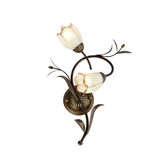 Traditional White Glass Sconce Lamp - 2 Heads Floral Shape Wall Lighting With Metal Backplate