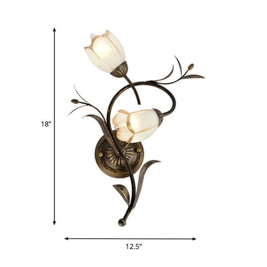 Traditional White Glass Sconce Lamp - 2 Heads Floral Shape Wall Lighting With Metal Backplate