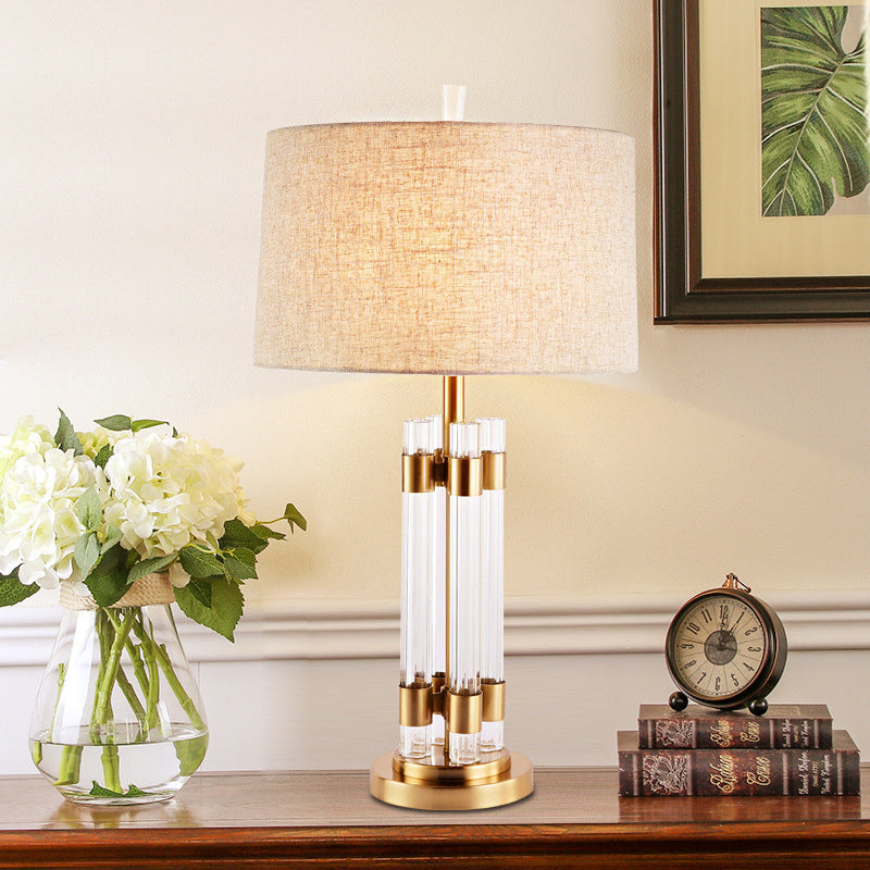 Traditional Cylinder Crystal Base Table Lamp For Bedroom With Flaxen Fabric Shade