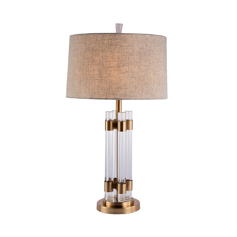 Traditional Cylinder Crystal Base Table Lamp For Bedroom With Flaxen Fabric Shade