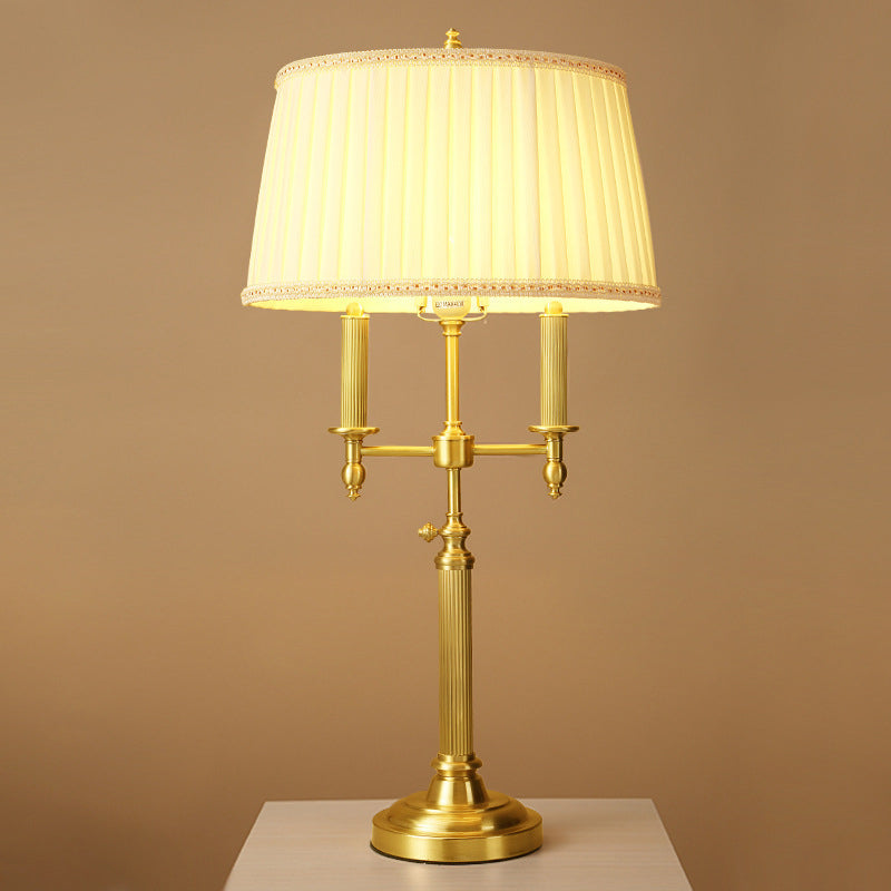 Traditional Fabric Barrel Table Lamp With Brass Base - White Light For Living Room Nightstand