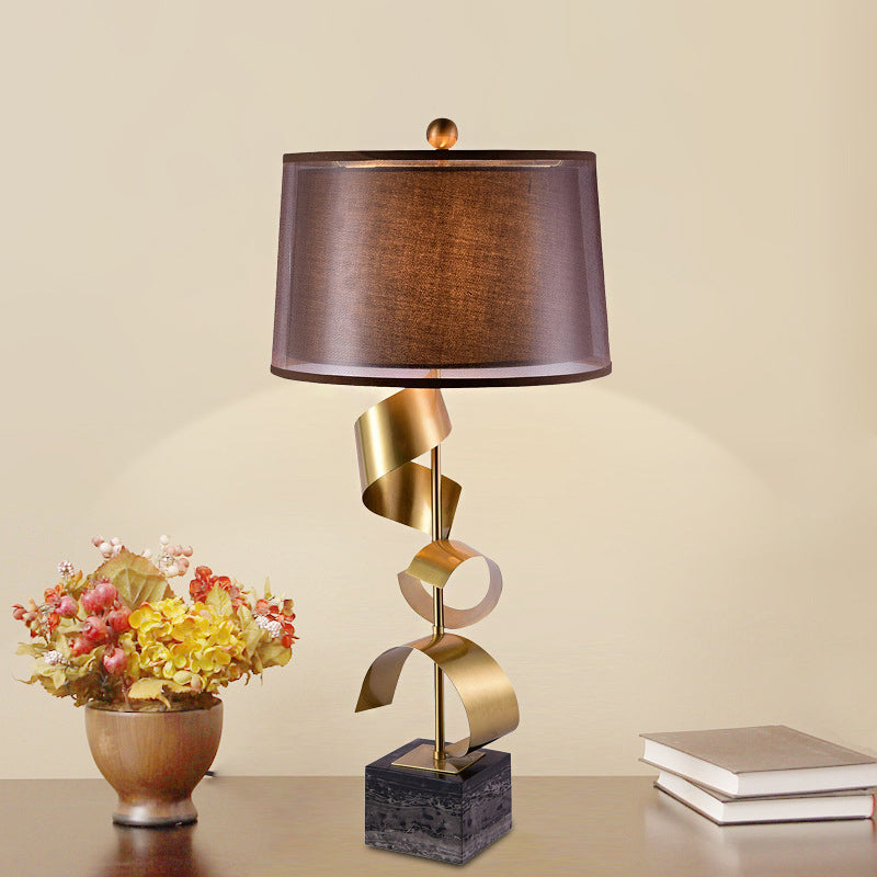 Traditional Red Brown Bedroom Table Lamp With Drum Fabric Shade