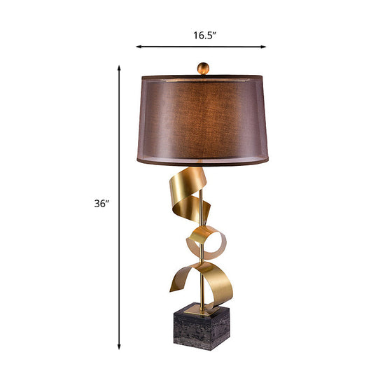 Traditional Red Brown Bedroom Table Lamp With Drum Fabric Shade