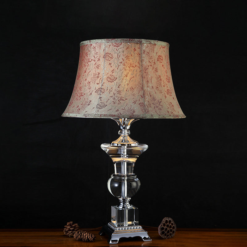 Countryside Beige Fabric Nightstand Lamp With Crystal Base - Cone Table Light (1 Light)