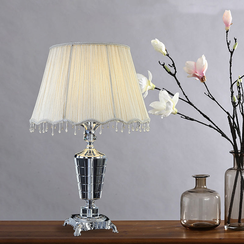 Fabric Night Table Lamp With Crystal Draping - Traditional White Empire Shade