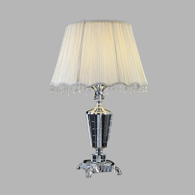 Fabric Night Table Lamp With Crystal Draping - Traditional White Empire Shade