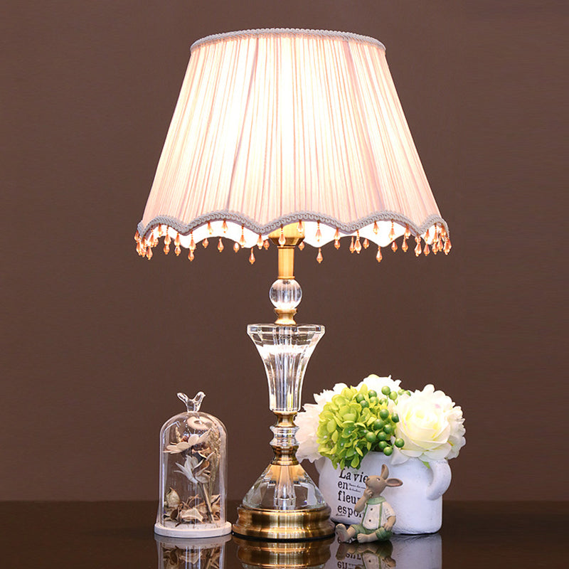 Pleated Shade Crystal Night Table Lamp: Minimalistic 1-Light Pink Bedroom Nightstand Light With