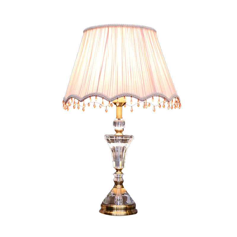 Pleated Shade Crystal Night Table Lamp: Minimalistic 1-Light Pink Bedroom Nightstand Light With