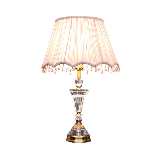 Pleated Shade Crystal Night Table Lamp: Minimalistic 1-Light Pink Bedroom Nightstand Light With