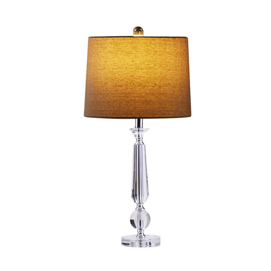 Traditional 1-Light Drum Night Table Lamp With Crystal Base - White/Brown/Beige Fabric Bedroom