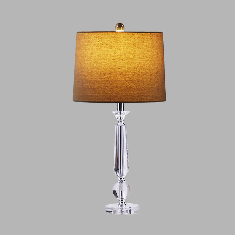 Traditional 1-Light Drum Night Table Lamp With Crystal Base - White/Brown/Beige Fabric Bedroom