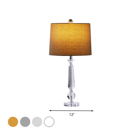 Traditional 1-Light Drum Night Table Lamp With Crystal Base - White/Brown/Beige Fabric Bedroom