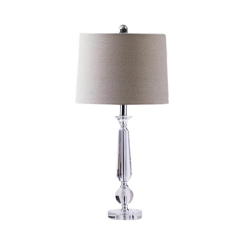 Traditional 1-Light Drum Night Table Lamp With Crystal Base - White/Brown/Beige Fabric Bedroom